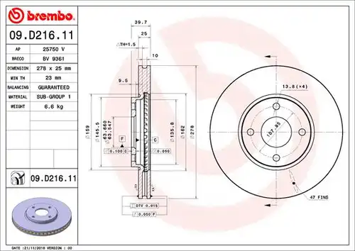 спирачен диск BREMBO 09.D216.11