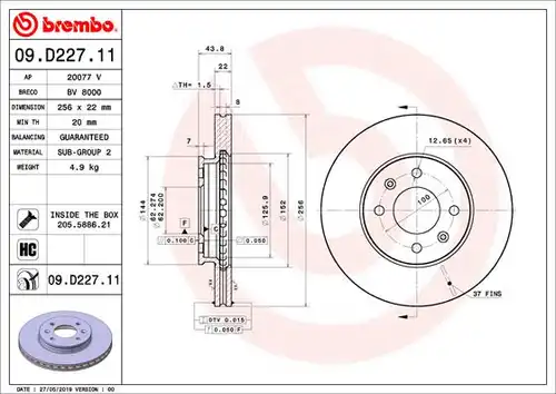 спирачен диск BREMBO 09.D227.11