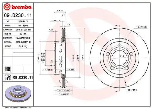 спирачен диск BREMBO 09.D230.11