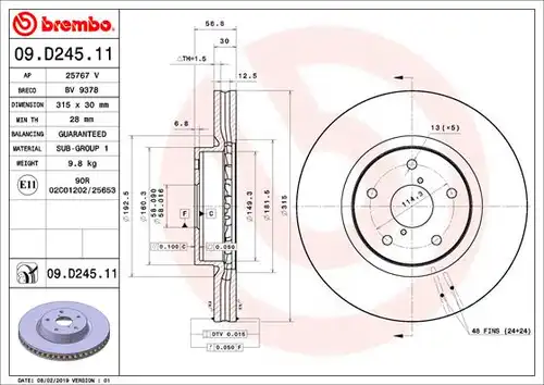 спирачен диск BREMBO 09.D245.11