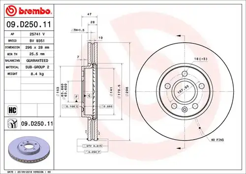 спирачен диск BREMBO 09.D250.11