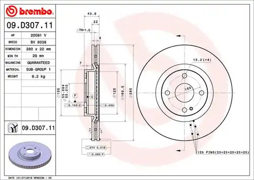 спирачен диск BREMBO 09.D307.11