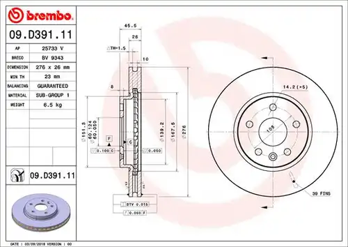 спирачен диск BREMBO 09.D391.11