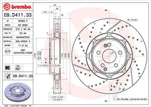 спирачен диск BREMBO 09.D411.33