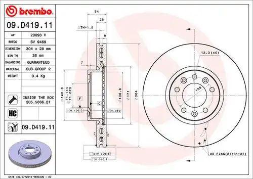 спирачен диск BREMBO 09.D419.11