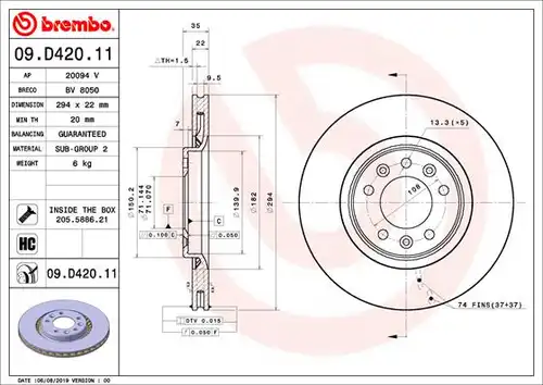 спирачен диск BREMBO 09.D420.11