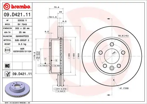 спирачен диск BREMBO 09.D421.11