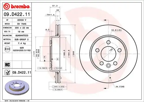 спирачен диск BREMBO 09.D422.11