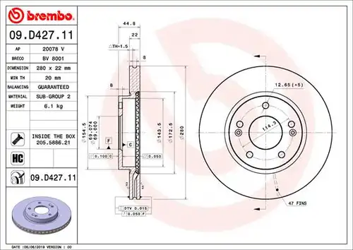 спирачен диск BREMBO 09.D427.11