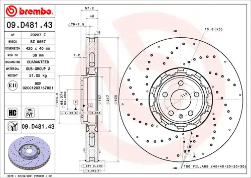 спирачен диск BREMBO 09.D481.43