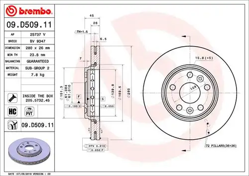 спирачен диск BREMBO 09.D509.11