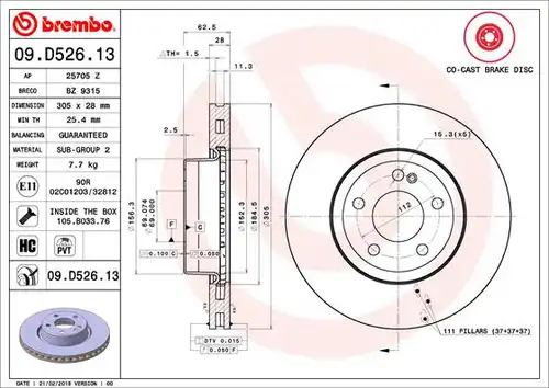 спирачен диск BREMBO 09.D526.13