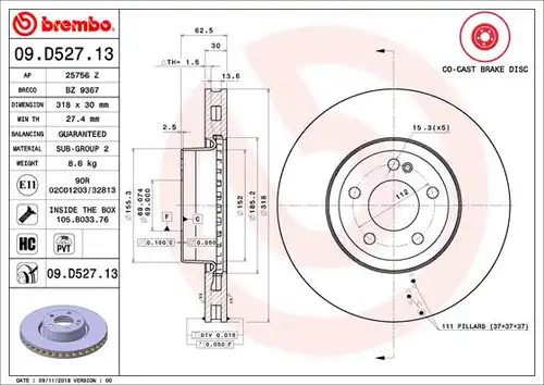 спирачен диск BREMBO 09.D527.13