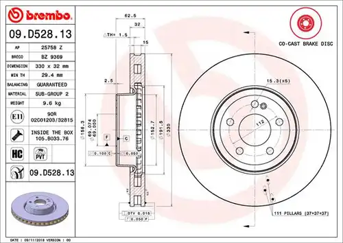 спирачен диск BREMBO 09.D528.13