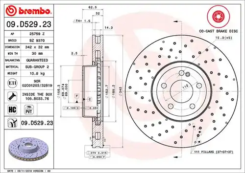 спирачен диск BREMBO 09.D529.23