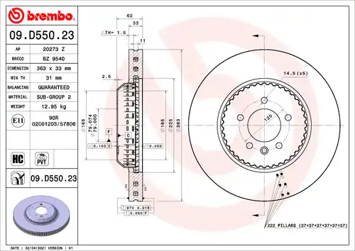 спирачен диск BREMBO 09.D550.23