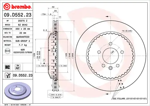 спирачен диск BREMBO 09.D552.23