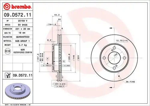 спирачен диск BREMBO 09.D572.11