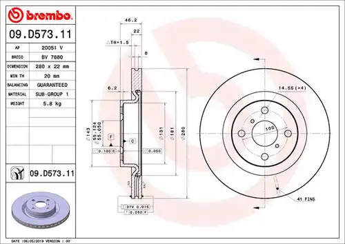 спирачен диск BREMBO 09.D573.11