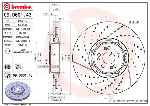 спирачен диск BREMBO 09.D601.43