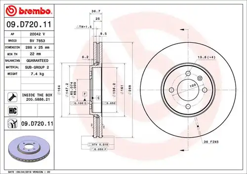 спирачен диск BREMBO 09.D720.11