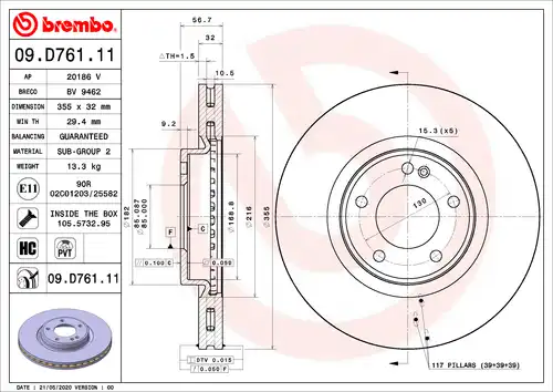 спирачен диск BREMBO 09.D761.11