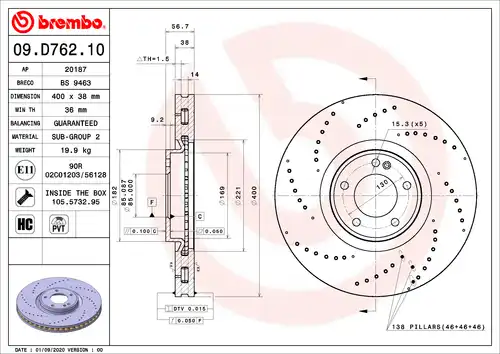 спирачен диск BREMBO 09.D762.10