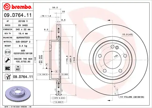 спирачен диск BREMBO 09.D764.11