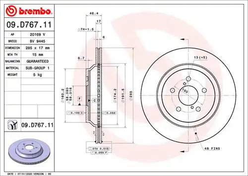 спирачен диск BREMBO 09.D767.11