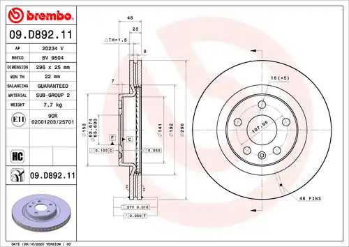 спирачен диск BREMBO 09.D892.11