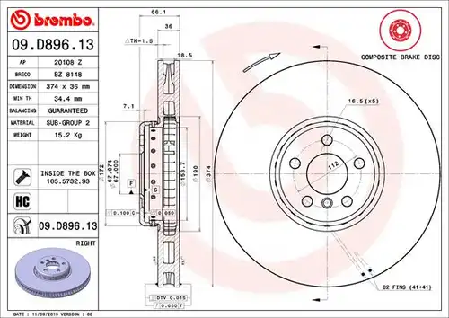 спирачен диск BREMBO 09.D896.13