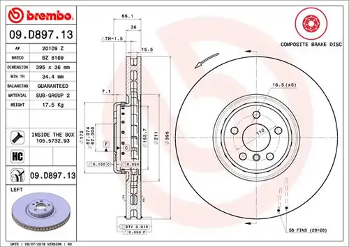 спирачен диск BREMBO 09.D897.13