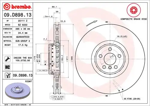 спирачен диск BREMBO 09.D898.13