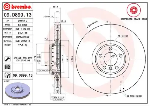 спирачен диск BREMBO 09.D899.13