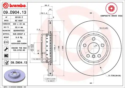 спирачен диск BREMBO 09.D904.13