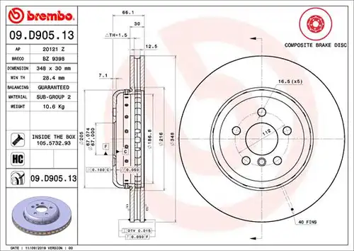 спирачен диск BREMBO 09.D905.13