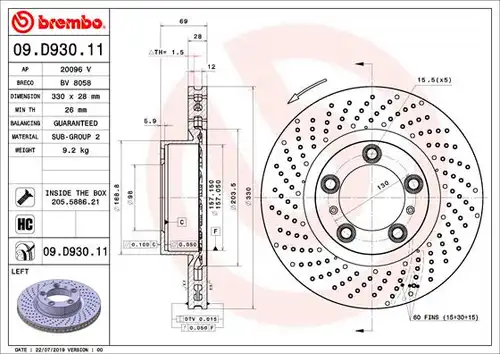 спирачен диск BREMBO 09.D930.11