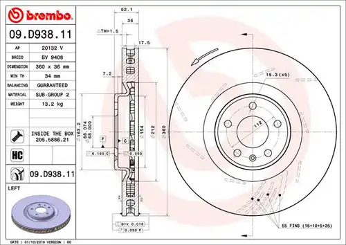 спирачен диск BREMBO 09.D938.11