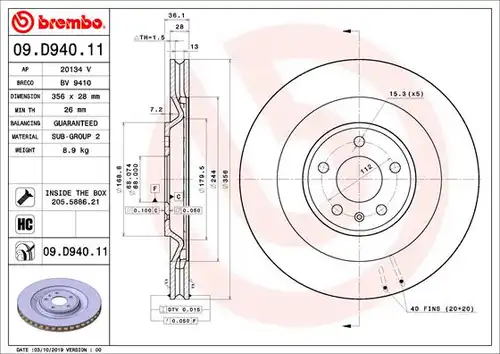 спирачен диск BREMBO 09.D940.11