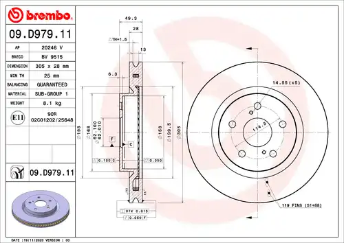 спирачен диск BREMBO 09.D979.11