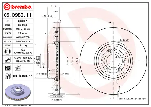 спирачен диск BREMBO 09.D980.11