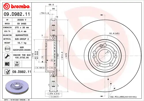 спирачен диск BREMBO 09.D982.11