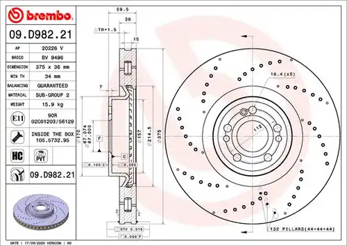 спирачен диск BREMBO 09.D982.21