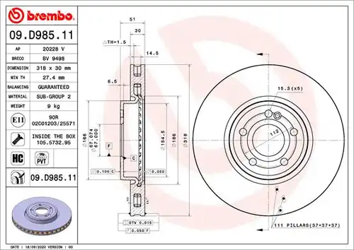 спирачен диск BREMBO 09.D985.11