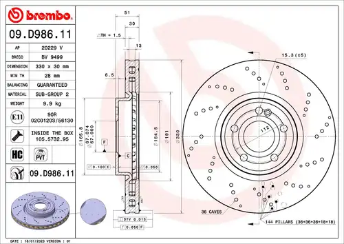 спирачен диск BREMBO 09.D986.11