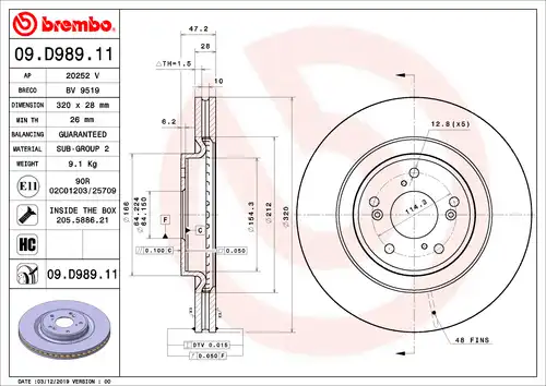 спирачен диск BREMBO 09.D989.11