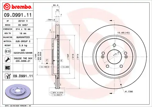 спирачен диск BREMBO 09.D991.11