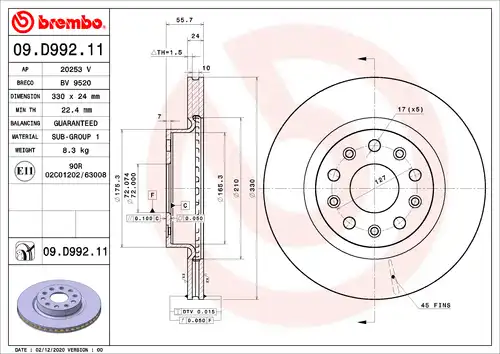 спирачен диск BREMBO 09.D992.11