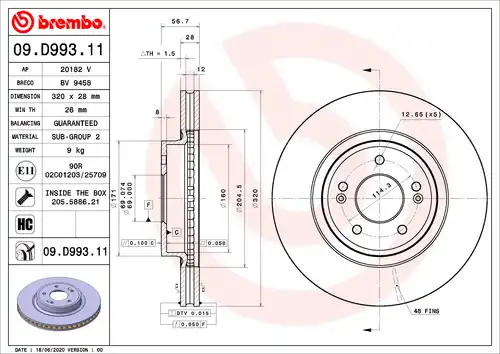 спирачен диск BREMBO 09.D993.11