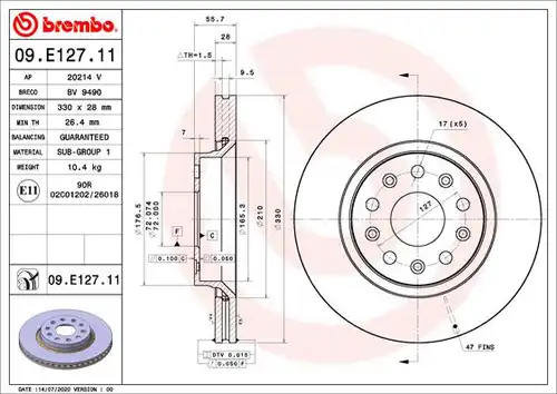 спирачен диск BREMBO 09.E127.11